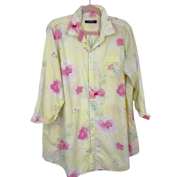 Lauren Ralph Lauren Button Up Tunic Shirt size XL Yellow Floral Print 3/4 slv - Picture 1 of 12